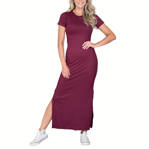 Vestido Longo Feminino Manga Curta com Fenda Lateral (BR, Alfa, G, Regular, Regular, Vinho)