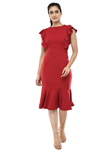 Image of Women's Calf Length Solid Red Dress