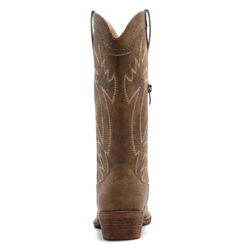Image of GLOBALWIN Women's Square Toe Cowgirl Boots Classic Mid-Calf Cowboy Boots With Embroidered Stitching Low Heel Comfortable Western Boots For Country Outfits