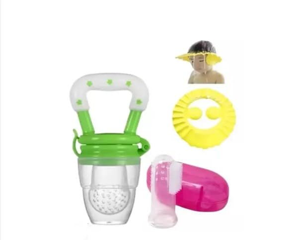 Baby Feeding, Bath & Oral Hygiene Combo Set | Fruit Feeder, Shower Cap & Finger Brush | Safe, Easy-to-Use & Hygienic Essentials for Newborns, Infants & Toddlers-image-0