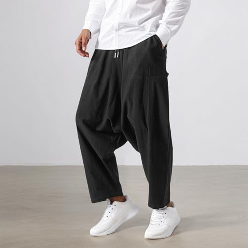Pantalones de lino para hombre con corte moderno de piernas anchas y refinado diseño harén liso 3