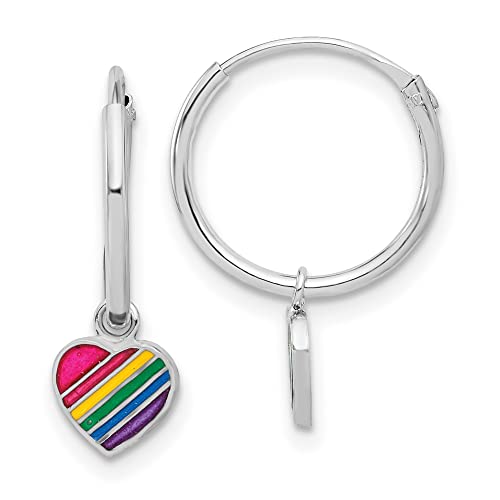 Sterling Silver Hoop Earrings with Dangling Rainbow Heart Charm for Women or Unisex Wear, LGBTQ Pride Jewelry, Colorful Enamel Symbol of Love, Inclusive Accessory, Casual or Statement Style