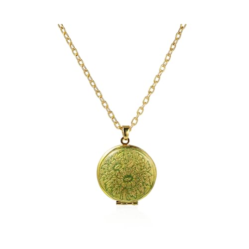 MMIUAEG Vintage Enamel Flower Locket Necklace Engraved Flower Oval Teardrop Heart Photos Storage Pendant Necklace Creative Locket Hold Memory Jewelry Gifts-Round