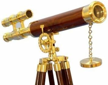 Vintage Maritime Anchor Master Telescope Brass Adjustable Wooden Tripod Royal Educational Telescopes Double Barrel Brown Leather Nautical Home Decor & Office (Polish Brass Telescope) (6)
