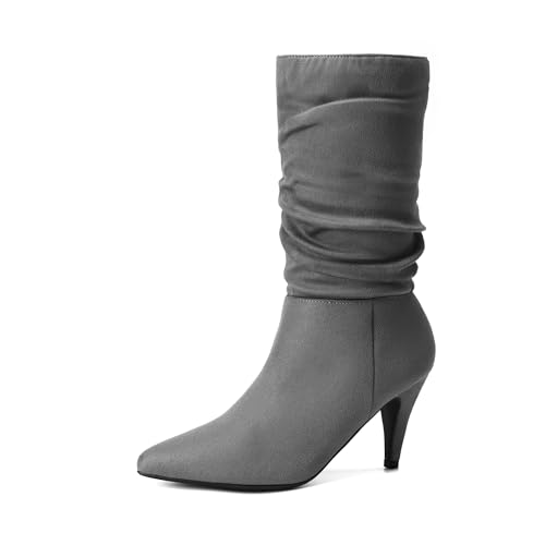 DREAM PAIRS Women's High Heel Mid Calf Boots Slouchy Pointed Toe Fall Boots 6.5 Light Grey/K