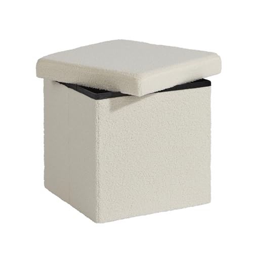 Home Source Folding Ottoman, Boucle Teddy Bear Fabric Storage Square Box, Cream