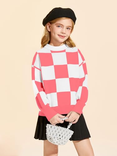 Image of Girls Sweaters Kids Fashion Plaid Mock Neck Pullover Sweater Tops 5-14 Years