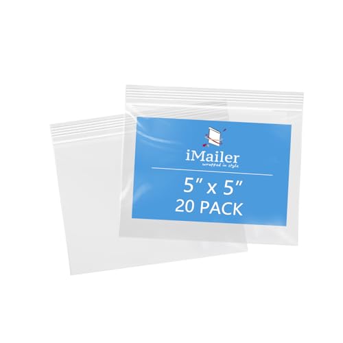 iMailer - 5" x 5" 20 Pack - 2 Mil Resealable Zip Bags - Small Clear Plastic Bags for Storage, Organizing, Crafts, Snacks, Jewelry, Hardware