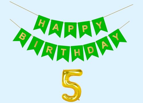 Image of 5th Happy Birthday Decoration Kit Green for 5 year Old Boys Girls Baby with Number Five Party Decorations Decor Celebration Items Item Set Combo Reusable Paper Banner