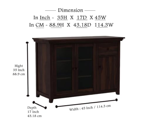 Image of Wood Kitchen Crockery Cabinet with Glass Door, Wooden Chest of Drawers, Kitchen Unit, Cabinet Storage, Sideboard Cabinet for Living Room, Walnut Finish, 45x17x35 Inches