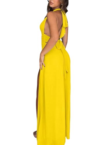 Image of Ekaliy Womens Sexy Halter Deep V Neck Maxi Dress Sleeveless Backless Split Long Dress