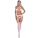 ABAFIP Women Cute Kawaii Anime Lingerie set Halter Strap Micro Bra Tiny Panty Garter Belt Striped Stockings 4Pcs Underwear Pink One Size