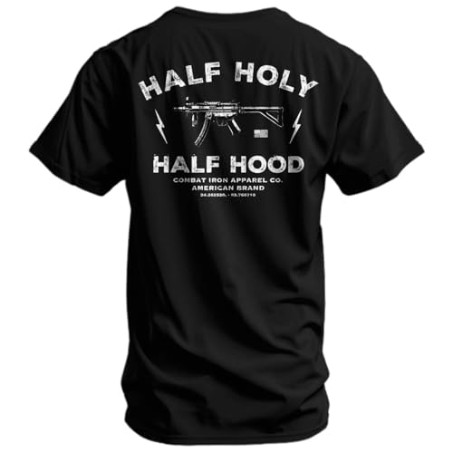 Combat Iron Men's Graphic T-Shirt | Half Holy Half Hood | Athletic Fit, Tagless Comfort | Black, 2X-Large