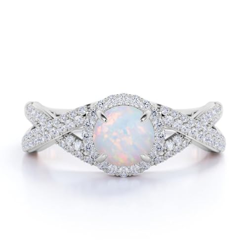 Opal Ring Halo Opal and Moissanite Engagement Ring for Women 925 Sterling Silver 10K 14K 18K Opal Jewelry for Women