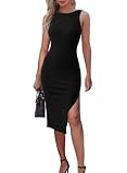 Dokotoo Summer Dress Sleeveless Dress for Women Midi Dress Sexy Bodycon Dresses for Women Round Neck Sleeveless Side Slit Long Slim Wedding Guest Dresses Black XX-Large