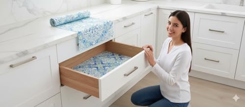 Image of Dribble EVA Shelf Liner Mat 45x500cm Roll | Non Slip Drawer & Cabinet Liner for Kitchen | Waterproof Oilproof Washable Fridge Mat | Anti Skid Cupboard Wardrobe Multipurpose Mat (Blue Mandala Art)
