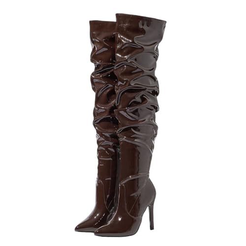 Bottes Hautes à Talons Aiguilles en Cuir Verni à Bout Pointu pour Femme | Talons Hauts pour Danser, Sortir en boîte, Concerts,Marron,38 EU