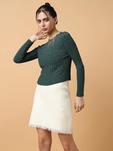 Image of ICW Women Knitted Rhinestone Embellised Daimond Studded Mesh Round Neck Long Sleeve Crop Top T-Shirt 206