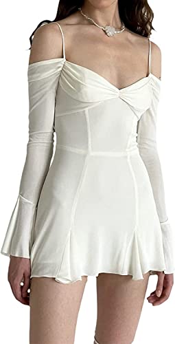 Mini robe évasée à manches longues et épaules dénudées style vintage blanc