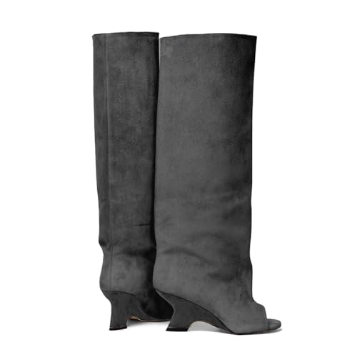 Open Toe Suede Knee High Boots for Women Wedge Heel Boots Pull on Wide Calf Fashion Sexy Tall Long Boot Ladies4