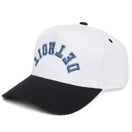 Funky Junque Retro Detroit Hat – Baseball Cap with Upside Down City Arched Embroidery – Unisex Adjustable Snapback for Football, Game Day, Nightlife – Detroit – Black/White