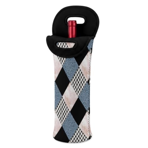 Blue Leopard Black Plaid Wine Bottle Tote Bag, Wine Carrier Bag with Protective Cushioning, 1 Bottle Holder Tote for Picnic, Travel, BBQ, Dinner Parties, Winery Trips Geometric Diamond Patchwork