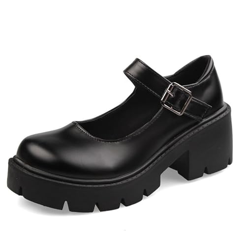 Women's Leather Chunky Platform Mary Jane Shoes Classic Round Toe Ankle Strap Chunky Heel Lug Sole Work Dress Pumps