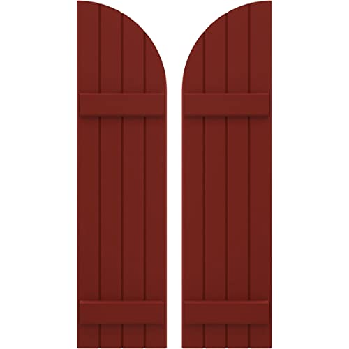 14"W x 43"H Americraft Four Board (2 Batten) Joined Exterior Real Wood Joined Board-n-Batten Shutters w/Arch Top (Per Pair), Pepper Red