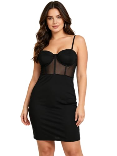 Image of Qchomee Women Sexy Mesh Corset Bodycon Club Dress Spaghetti Strap Bustier Mini Dress Sheer Panel Boned Party Clubwear for Night Out Y2k Summer Clothes