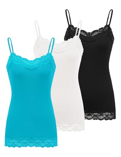 Image of Kate Kasin Women's Adjustable Spaghetti Strap Lace Trim Cami Tunic Tank Top 3PACK