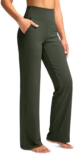 G Gradual Women's Yoga Pants Wide Leg with Pockets High Waist Stretch Loose Casual Lounge Sweatpants Petite/Regular/Tall (Dark Olive, Inseam 28, M)