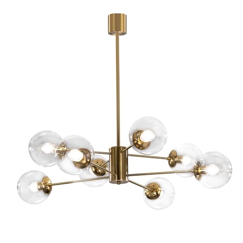 KCO Lighting 北欧モダン シャンデリア ペンダントライト 8灯 シーリング マルチアーム E26口金 高さ調節可能 調光対応 延長ロッド付き LEＤ対応 おしゃれ 天井照明 照明器具 インテリア ダイニング リビング キッチン 電球別売り (ゴールド＋クリア 8)