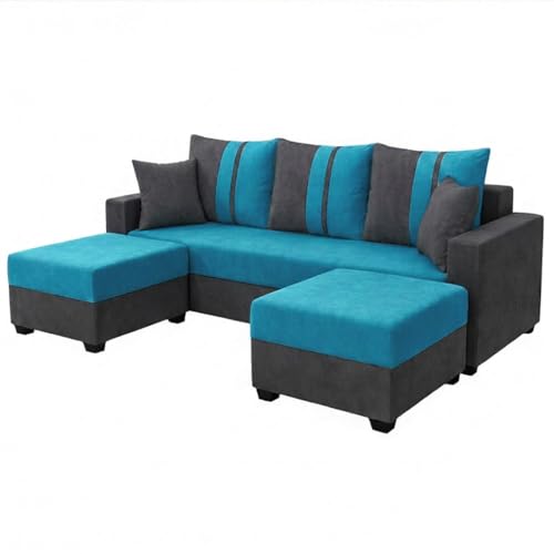 Image of Zenix 5 Seater L Shape Sofa Set with 2 Movable Ottomans | Flexible Layout | Rich Velvet Suede Fabric | Silver Legs | Spacious Seating | Modern Sofa for Living Room (Dark Grey-Aqua Blue)