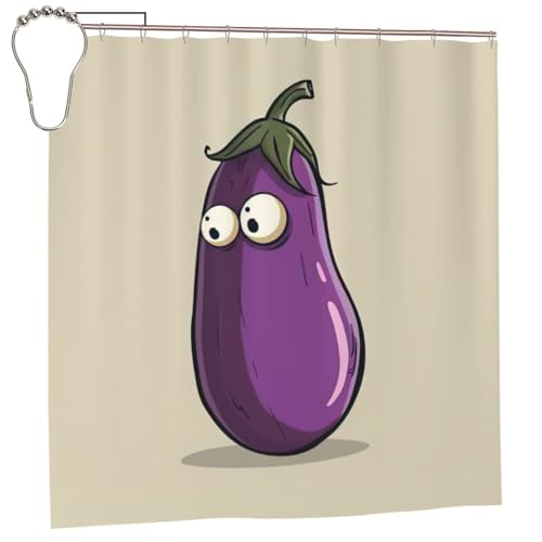 JEJEA Duschvorhang mit Schnappverschluss, Polyester, mit Cartoon-Auberginen-Druck, Badezimmerzubehör mit 12 rostfreien Ösen, 183 x 183 cm