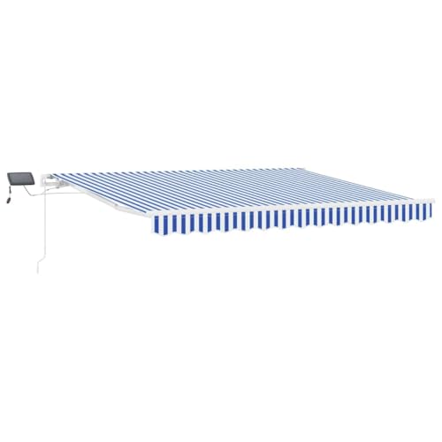 Image of vidaXL Retractable Awning Manual Blue and White 350 x 250 cm, Adjustable Awning, Rectangular Terrace Shade, Waterproof Materials, Retractable Cover, UV-Resistant Garden Shelter Solution