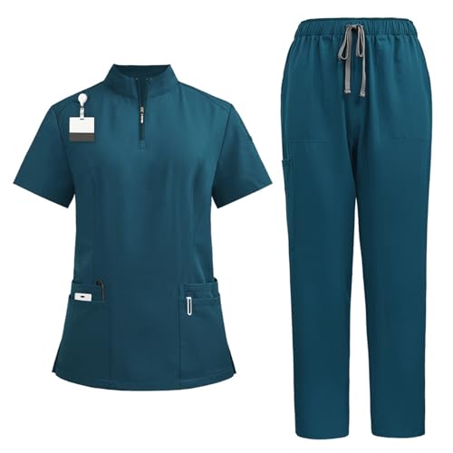 M&Catree Pijama Sanitario Conjuntos Uniformes Sanitarios Unisex Uniformes Medicos Tops Cuello Alto y Pantalón Deporte con Cordón - Azul Caribe, L