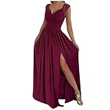 Weißes Kleid Damen Weißes Kleid Pullover Damen Ärmellos V-Ausschnitt Seitenschlitz A-Linie Kleider Einfarbig Hohe Taille Abendkleid Lang Swing Ballkleid Anime Kleid (Wein,XL)