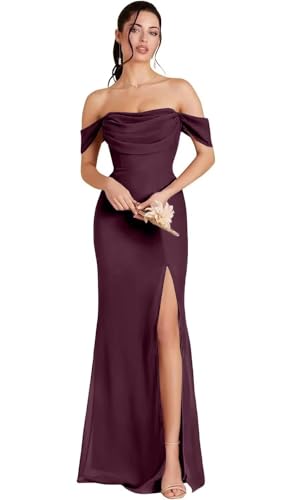 yinyyinhs Off Shoulder Chiffon Bridesmaid Dresses for Women 2025 Long Ruched Cowl Neck Formal Evening Party Dress with Slit