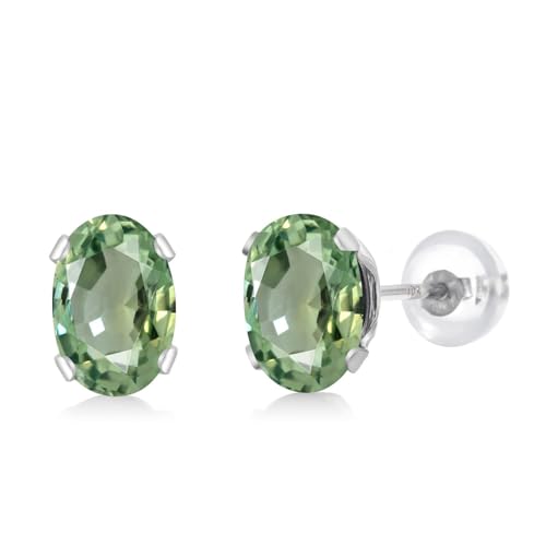 Gem Stone King 10K White Gold Green Sapphire Women Stud Earrings (1.10 Ct Oval 6X4MM)