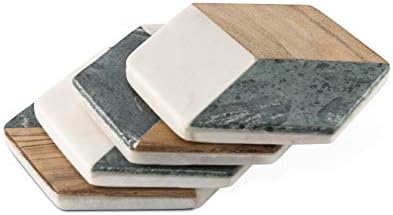 GoCraft Hexagon Geometric Coasters | Handcrafted Geometric Coasters with Green for your Drinks, Beverages & Wine/Bar Glasses | Green Marble & Wood Inlay on White Marble Base (Set of 4)