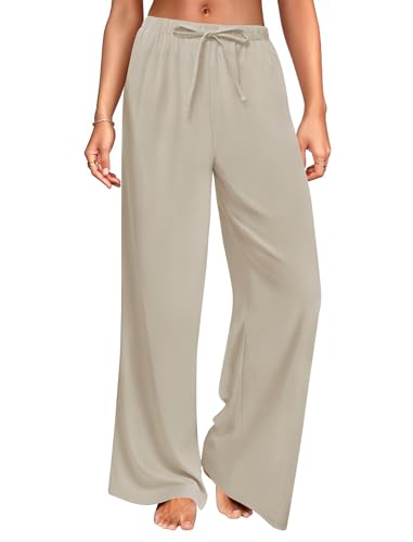 DLOODA Wide Leg Linen Pants for Women, Loose Flowy Palazzo Pants with Pockets Drawstring Trousers Summer Beach Vacation Khaki