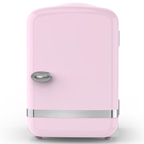 Image of Electactic Mini Fridge for Skincare, 4L /6 Cans Portable Compact Cosmetic Fridge, Retro Desktop Fridge with AC /DC Adapters, Small Cooler and Warmer for Beverage, Makeup, Bedroom, Office, Kids, Pink