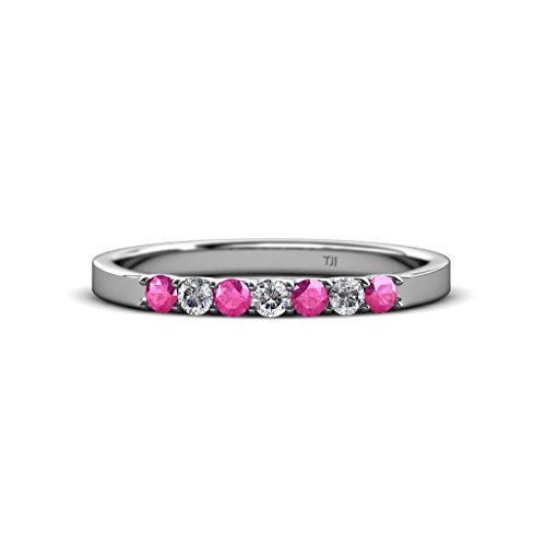 Trijewels Pink Sapphire & Diamond 1/4 Ctw 7 Stone Women Wedding Band Stackable 14K White Gold.size 5.5 #TOP2