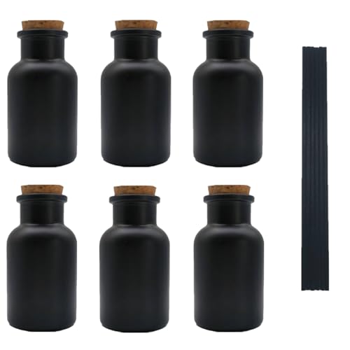 PimyRcyi 6 Pack Decorative Glass Bottles Set,4oz/125ml Matte Width Mouth Reed Diffusers Aromatherapy Container With Cork Lid & Sticks,Small Size Glass Flower Vase For Home Dec (Matte Black)