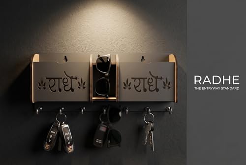 Image of Radhe Radhe Key Holder with 7 Hooks & 3 Compartments | Laser Cut Wall Mounted Mail Organizer, Key Stand & Mobile Holder for Home, Office, Entryway Decor (Matte Black, 22x9x4 cm) (Radhe Radhe)
