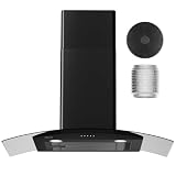 30 Inch Black Range Hood Wall Mounted Curved Glass Range Hoods with 450 CFM, Stainless Steel kitchen Ductless/Ducted Convertible with 3 Speed Controls, Permanent Baffle Filters and 2 LED Lights