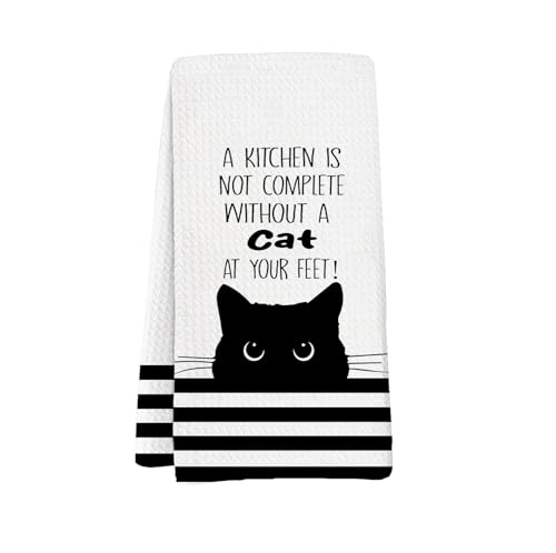 XYDEG Funny Black Cat Decor for Kitchen Towels, A Kitchen is Not Complete Without A Cat At Your Feet, Cat Tea Towels Cute Dish Towel Decorative Hand Towel Cats Lover Gifts, Housewarming Gifts