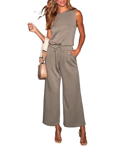 LACOZY Damen Sommer Jumpsuit Overall Ärmellos Casual Strampler Playsuit Einteiler Straight Leg Jumpsuits mit Taschen, Bl...