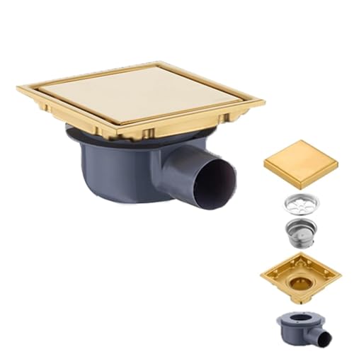 Canaleta De Ducha Cuadrada 15 x 15cm,Dorado Desague Ducha,Sifón 360° Con Filtro Antiolores y Filtro Para El Pelo,2 En 1,Alicatado De Acero Inoxidable,Para Cuartos De Baño,Sótanos,Interiores,Exteriores