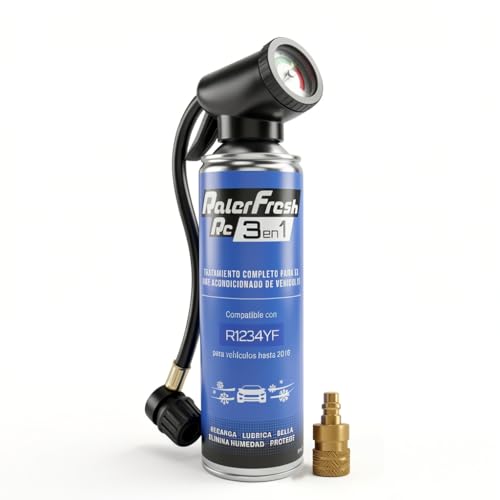 Ralerfresh RC 3en1 con Manómetro – Recarga Aire Acondicionado Coche R1234YF (Desde 2017) – Gas Refrigerante Sella, Lubrica, Elimina Humedad y Protege – 500 ml